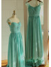 Jeweled Cap Sleeves Turquoise Chiffon Pleated Bridesmaid Dress